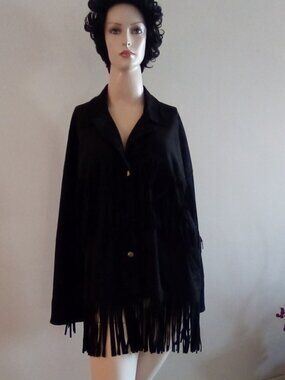 Zara Black Fringe Western Boho Microsuede Button Front Jacket Women's Size M